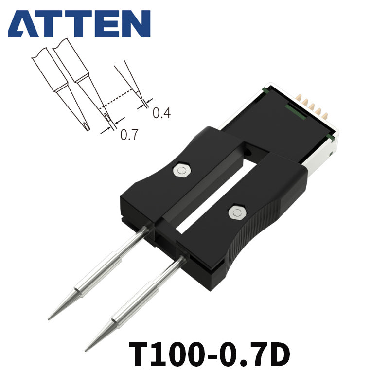 Other T100 Series Models: T100-0,2I, 0,5I, 1,0I, 0,7D, 0,7DS, 1,3D, 2,2D.
Compatible with GT-6200 soldering station tweezer.
The Atten GT-6200 station’s precision tweezer tip delivers exceptional performance, allowing you to handle intricate soldering tasks with confidence and precision. It provides consistent heat transfer and robust durability to meet the demands of professional applications.