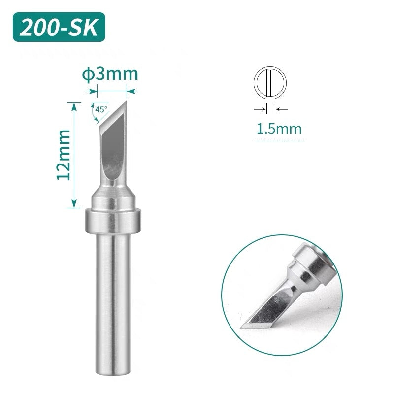 Shape: Knife Tip, 3MM/45DEG X 12MM.
Total length: 31.5mm
Inner diameter: 2.0mm
Outer diameter: 4.0mm
Compatible for: QUICK TS2200/203H/503/504/203D/376D&nbsp;Soldering Station.
Other QUICK 200 Tips Model: 200-I, 200-J, 200-B, 200-2B, 200-LB, 200-K, 200-LK, 200-1C, 200-2C, 200-3C, 200-4C, 200-5C, 200-0.8D, 200-1.2D, 200-1.6D, 200-2.4D, 200-3.2D.


If you need any other model products, please kindly contact us.