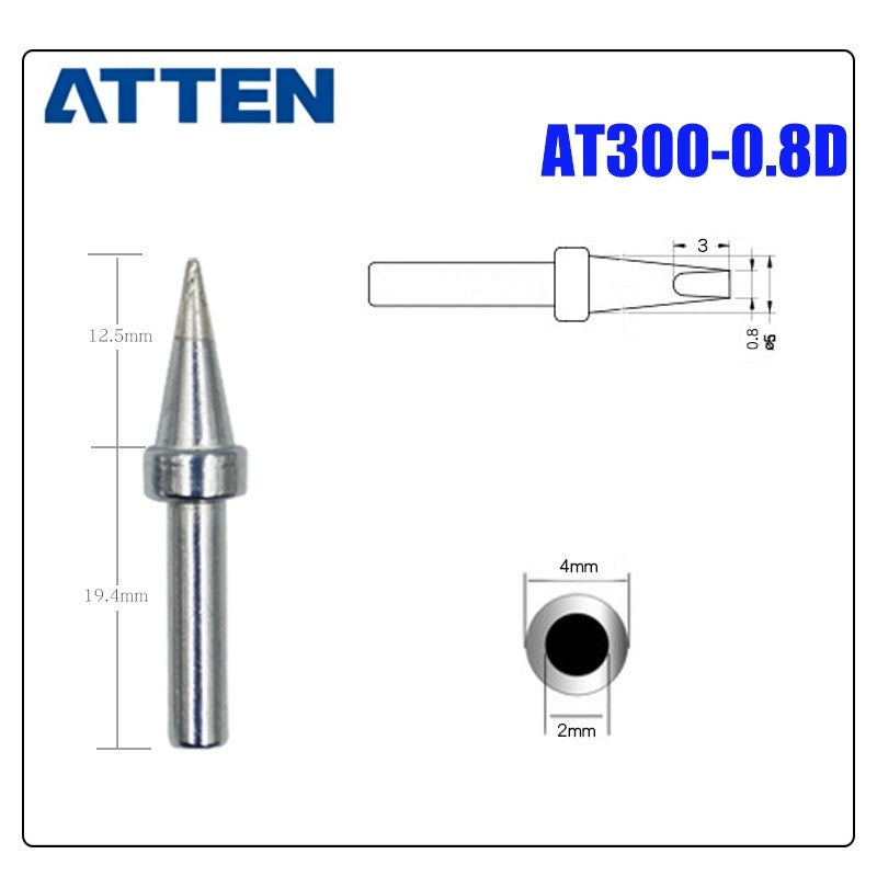 Total length: 31,9 mm
Outer diameter shaft: 4 mm
Inner diameter shaft: 2 mm
Other T300 Series Models: T300-B, K,SK, &nbsp;I, IS, LI, H, RT, 1C, 2C, 3C, 4C,
T300-0,8D, 1,2D, 1,6D, 2,4D, 3,2D,4,2D
Compatible with AT306H AT306DH ST3090, 203H/203/204/204H
503/504 (90W) series Soldering Station.