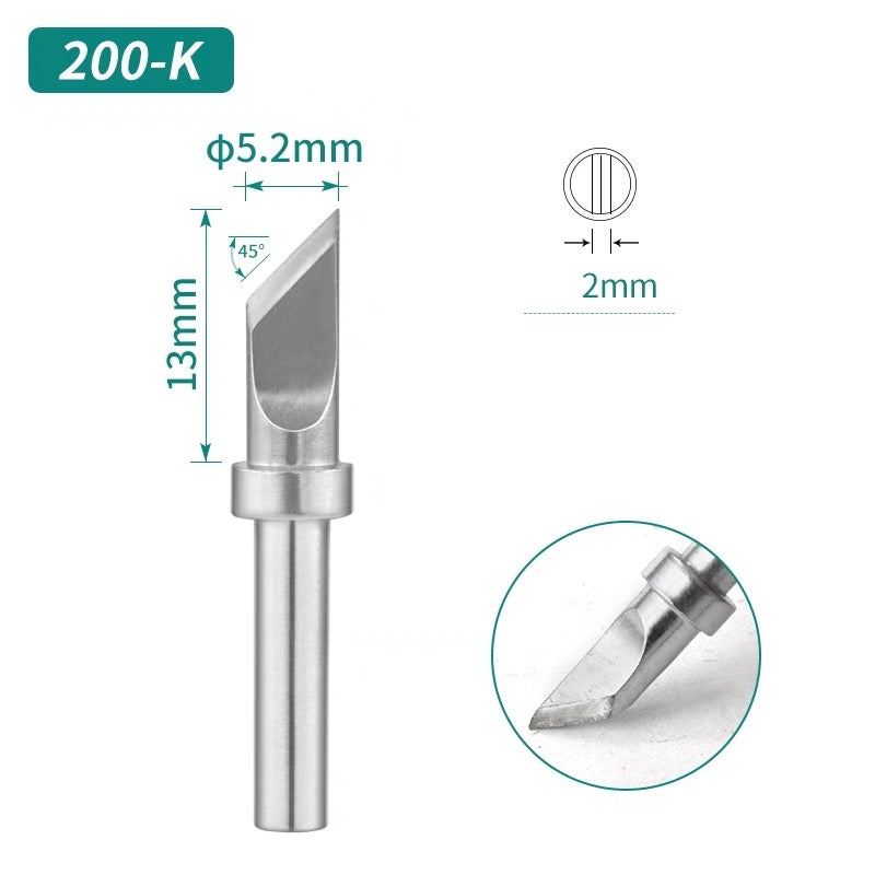 Shape: Knife Tip, 5.2MM/45DEG X 13MM.
Total length: 32mm
Inner diameter: 2.0mm
Outer diameter: 4.0mm
Compatible for: QUICK TS2200/203H/503/504/203D/376D&nbsp;Soldering Station.
Other QUICK 200 Tips Model: 200-I, 200-J, 200-B, 200-2B, 200-LB, 200-SK, 200-LK, 200-1C, 200-2C, 200-3C, 200-4C, 200-5C, 200-0.8D, 200-1.2D, 200-1.6D, 200-2.4D, 200-3.2D.


If you need any other model products, please kindly contact us.