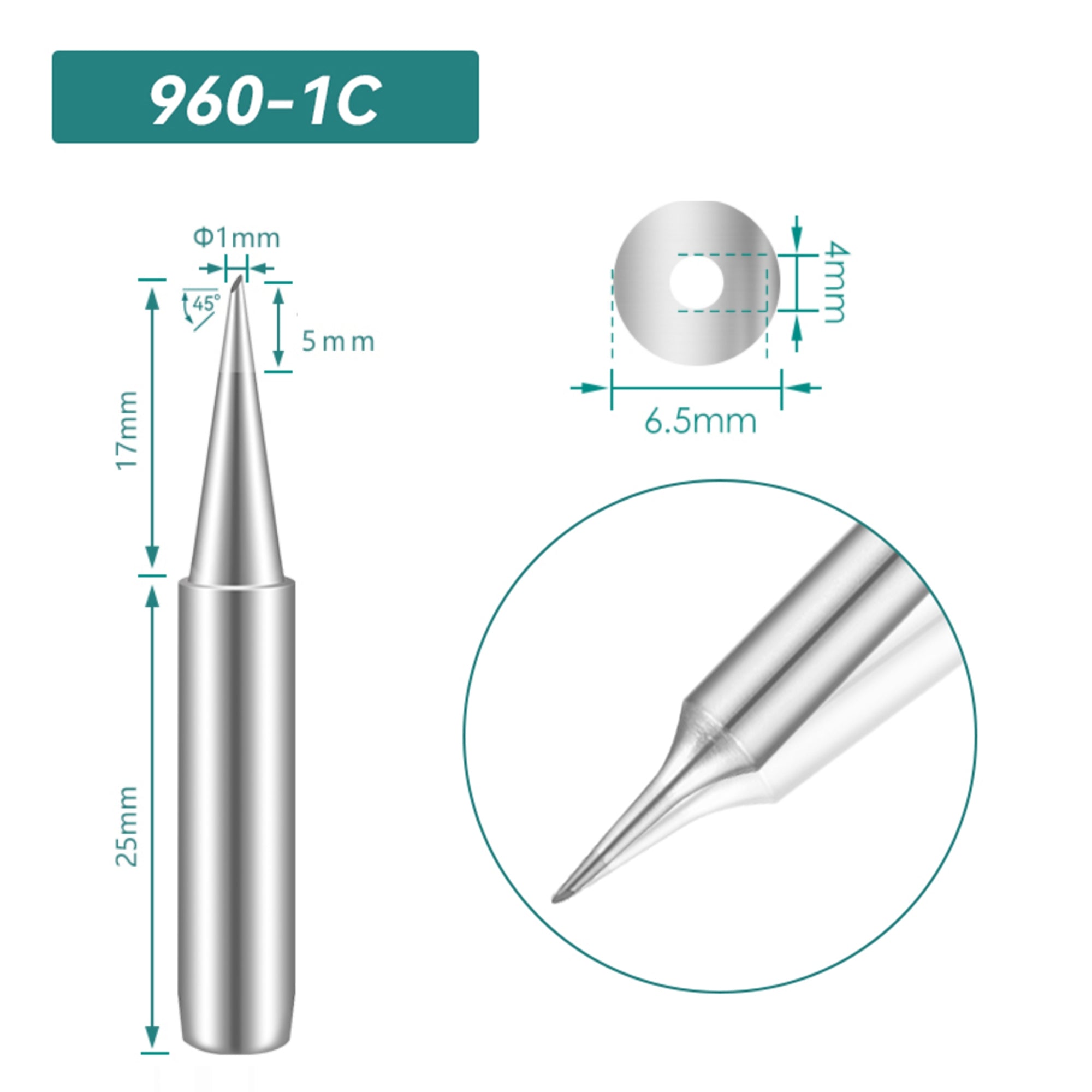 Shape: Bevel Tip, 1MM/45DEG X 17MM.
Total length: 42mm
Inner diameter: 4.0mm
Outer diameter: 6.5mm
Compatible for: QUICK TS1100/236/936/936A/936C/967/969/969A/375A+/375B+/3104/707/708/709&nbsp;Soldering Station.
Other QUICK 960 Tips Model: 960-B, 960-2B, 960-0.8C, 960-2C, 960-3C, 960-4C, 960-0.8D, 960-1.2D, 960-1.6D, 960-2.4D, 960-3.2D, 960-I, 960-J, 960-LB, 960-LI, 960-K, 960-SK.


If you need any other model products, please kindly contact us.