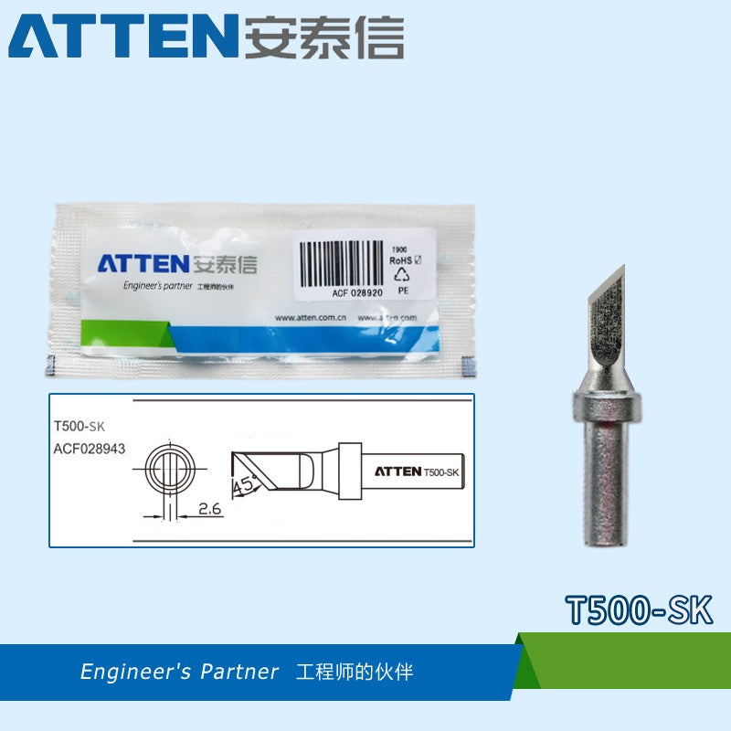 Total length: 42 mm
Outer diameter shaft: 6 mm
Inner diameter shaft: 2.3mm
Other T500 Series Models: T500-B, SK, K, 3,5D, 5D, 8D, 3C, 44C, 5C, 6C, 8C
Compatible with AT315DH-150W, AT315-150W series, AT330D, 3150-150W series, 205H series Soldering Station.