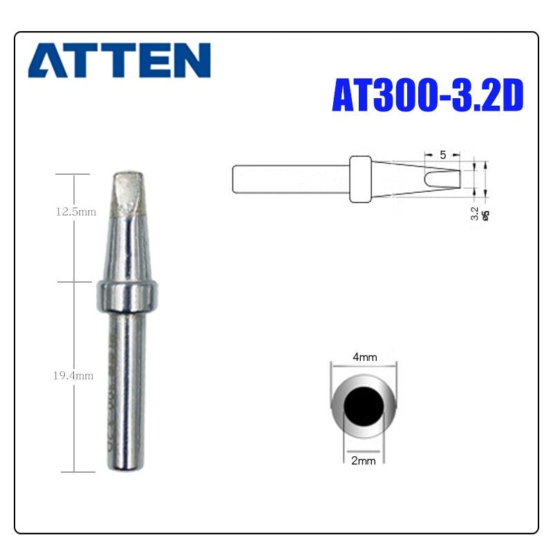 Total length: 31,9 mm
Outer diameter shaft: 4 mm
Inner diameter shaft: 2 mm
Other T300 Series Models: T300-B, K,SK, &nbsp;I, IS, LI, H, RT, 1C, 2C, 3C, 4C,
T300-0,8D, 1,2D, 1,6D, 2,4D, 3,2D,4,2D
Compatible with AT306H AT306DH ST3090, 203H/203/204/204H
503/504 (90W) series Soldering Station.