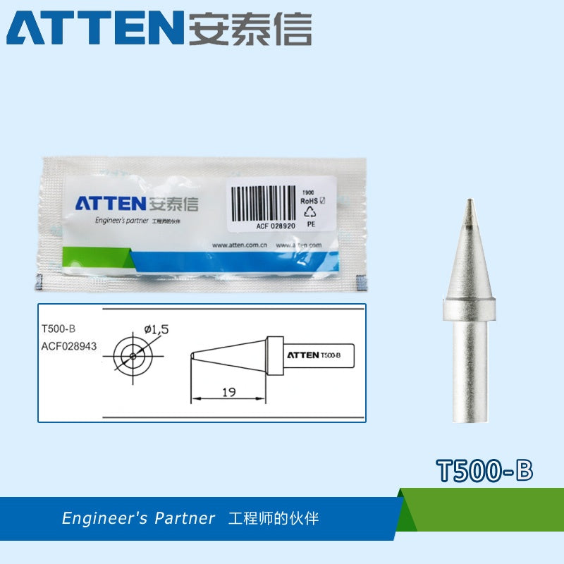 Total length: 42 mm
Outer diameter shaft: 6 mm
Inner diameter shaft: 2.3mm
Other T500 Series Models: T500-B, SK, K, 3,5D, 5D, 8D, 3C, 44C, 5C, 6C, 8C
Compatible with AT315DH-150W, AT315-150W series, AT330D, 3150-150W series, 205H series Soldering Station.