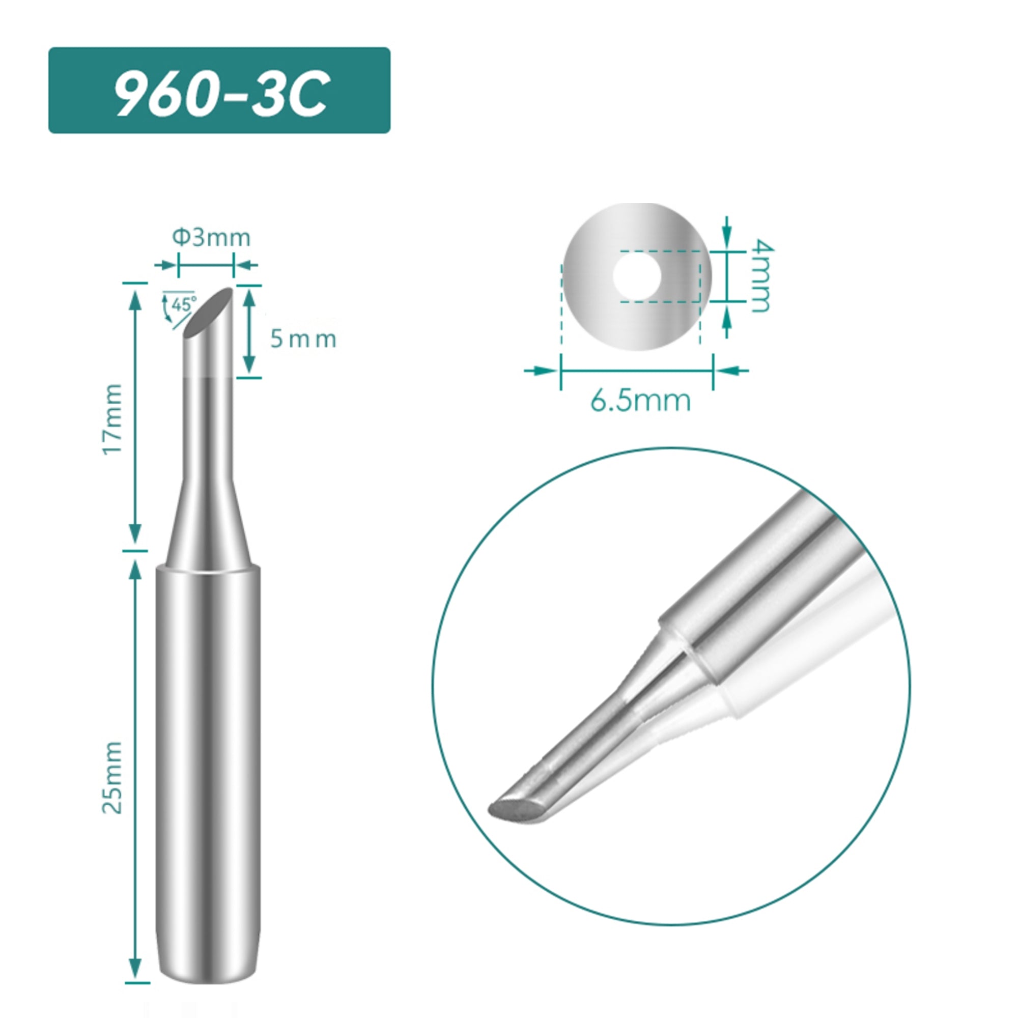 Shape: Bevel Tip, 3MM/45DEG X 17MM.
Total length: 42mm
Inner diameter: 4.0mm
Outer diameter: 6.5mm
Compatible for: QUICK TS1100/236/936/936A/936C/967/969/969A/375A+/375B+/3104/707/708/709&nbsp;Soldering Station.
Other QUICK 960 Tips Model: 960-B, 960-2B, 960-0.8C, 960-1C, 960-2C, 960-4C, 960-0.8D, 960-1.2D, 960-1.6D, 960-2.4D, 960-3.2D, 960-I, 960-J, 960-LB, 960-LI, 960-K, 960-SK.


If you need any other model products, please kindly contact us.