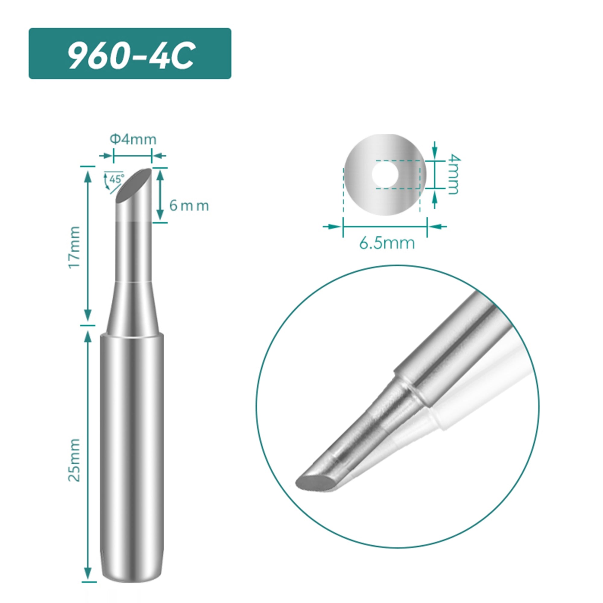 Shape: Bevel Tip, 4MM/45DEG X 17MM.
Total length: 42mm
Inner diameter: 4.0mm
Outer diameter: 6.5mm
Compatible for: QUICK TS1100/236/936/936A/936C/967/969/969A/375A+/375B+/3104/707/708/709&nbsp;Soldering Station.
Other QUICK 960 Tips Model: 960-B, 960-2B, 960-0.8C, 960-1C, 960-2C, 960-3C, 960-0.8D, 960-1.2D, 960-1.6D, 960-2.4D, 960-3.2D, 960-I, 960-J, 960-LB, 960-LI, 960-K, 960-SK.


If you need any other model products, please kindly contact us.