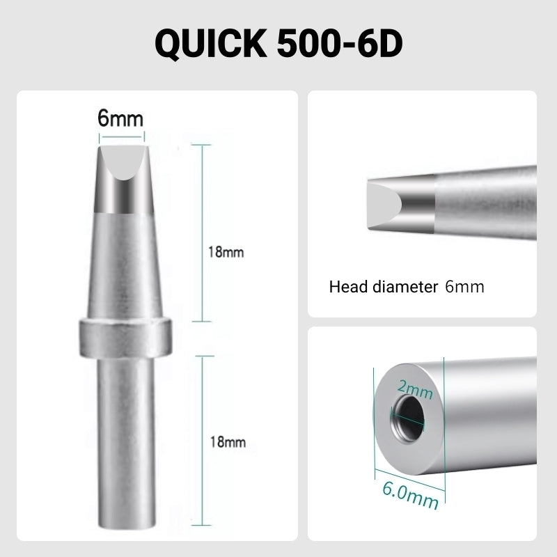 Total length: 40.4mm
Head diameter: 6.0mm
Inner diameter: 2.0mm
Outer diameter: 6.0mm
Compatible for: QUICK 205, 205H＋, 2300, 3205, 376D-150 Soldering Station.
Other QUICK 500 Models: 500-B-01, 500-2B, 500-4DK, 500-3.5D, 500-5D, 500-8D, 500-2C, 500-3C, 500-4C, 500-5C, 500-6C, 500-8C, 500-B, 500-K, 500-SK, 500-2.5D, 500-4.2D.
If you need any other model products, please kindly contact us.