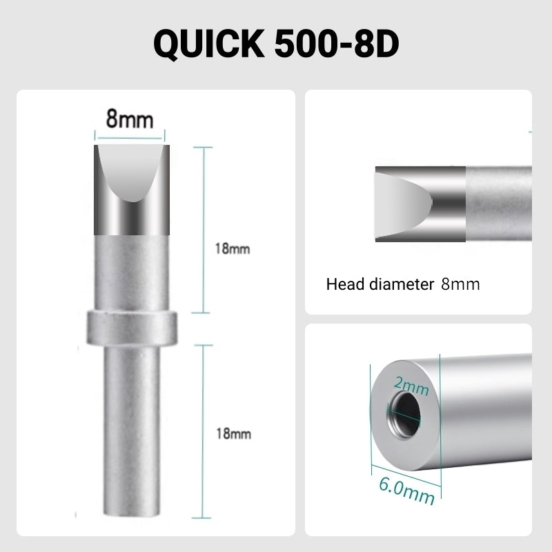 Total length: 40.3mm
Head diameter: 8.0mm
Inner diameter: 2.0mm
Outer diameter: 6.0mm
Compatible for: QUICK 205, 205H＋, 2300, 3205, 376D-150 Soldering Station.
Other QUICK 500 Models: 500-B-01, 500-2B, 500-4DK, 500-3.5D, 500-5D, 500-6D, 500-2C, 500-3C, 500-4C, 500-5C, 500-6C, 500-8C, 500-B, 500-K, 500-SK, 500-2.5D, 500-4.2D.
If you need any other model products, please kindly contact us.