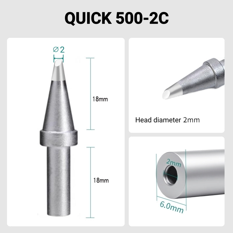 Total length: 41.0mm
Head diameter: 2.0mm
Inner diameter: 2.0mm
Outer diameter: 6.0mm
Compatible for: QUICK 205, 205H＋, 2300, 3205, 376D-150 Soldering Station.
Other QUICK 500 Models: 500-B-01, 500-2B, 500-4DK, 500-3.5D, 500-5D, 500-6D, 500-8D, 500-3C, 500-4C, 500-5C, 500-6C, 500-8C, 500-B, 500-K, 500-SK, 500-2.5D, 500-4.2D.
If you need any other model products, please kindly contact us.