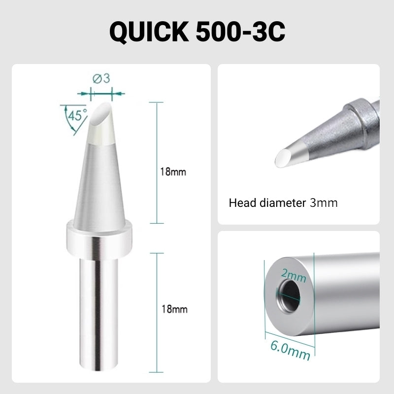 Total length: 41.0mm
Head diameter: 3.0mm
Inner diameter: 2.0mm
Outer diameter: 6.0mm
Compatible for: QUICK 205, 205H＋, 2300, 3205, 376D-150 Soldering Station.
Other QUICK 500 Models: 500-B-01, 500-2B, 500-4DK, 500-3.5D, 500-5D, 500-6D, 500-8D, 500-2C, 500-4C, 500-5C, 500-6C, 500-8C, 500-B, 500-K, 500-SK, 500-2.5D, 500-4.2D.
If you need any other model products, please kindly contact us.