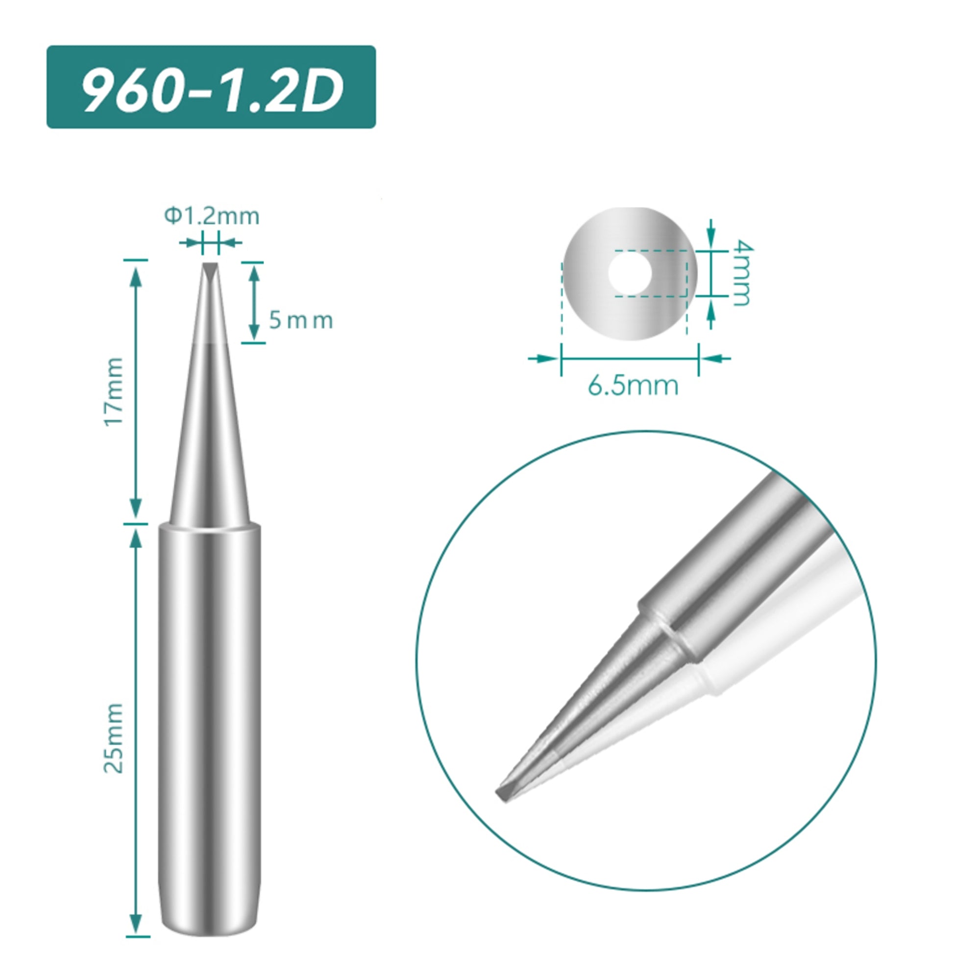 Shape: Chisel Tip, 1.2 X 17MM.
Total length: 42mm
Inner diameter: 4.0mm
Outer diameter: 6.5mm
Compatible for: QUICK TS1100/236/936/936A/936C/967/969/969A/375A+/375B+/3104/707/708/709&nbsp;Soldering Station.
Other QUICK 960 Tips Model: 960-B, 960-2B, 960-0.8C, 960-1C, 960-2C, 960-3C, 960-4C, 960-0.8D, 960-1.6D, 960-2.4D, 960-3.2D, 960-I, 960-J, 960-LB, 960-LI, 960-K, 960-SK.


If you need any other model products, please kindly contact us.