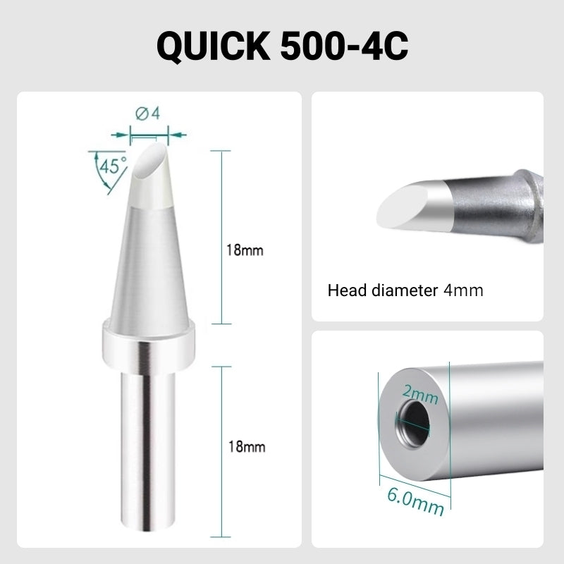 Total length: 40.3mm
Head diameter: 4.0mm
Inner diameter: 2.0mm
Outer diameter: 6.0mm
Compatible for: QUICK 205, 205H＋, 2300, 3205, 376D-150 Soldering Station.
Other QUICK 500 Models: 500-B-01, 500-2B, 500-4DK, 500-3.5D, 500-5D, 500-6D, 500-8D, 500-2C, 500-3C, 500-5C, 500-6C, 500-8C, 500-B, 500-K, 500-SK, 500-2.5D, 500-4.2D.
If you need any other model products, please kindly contact us.