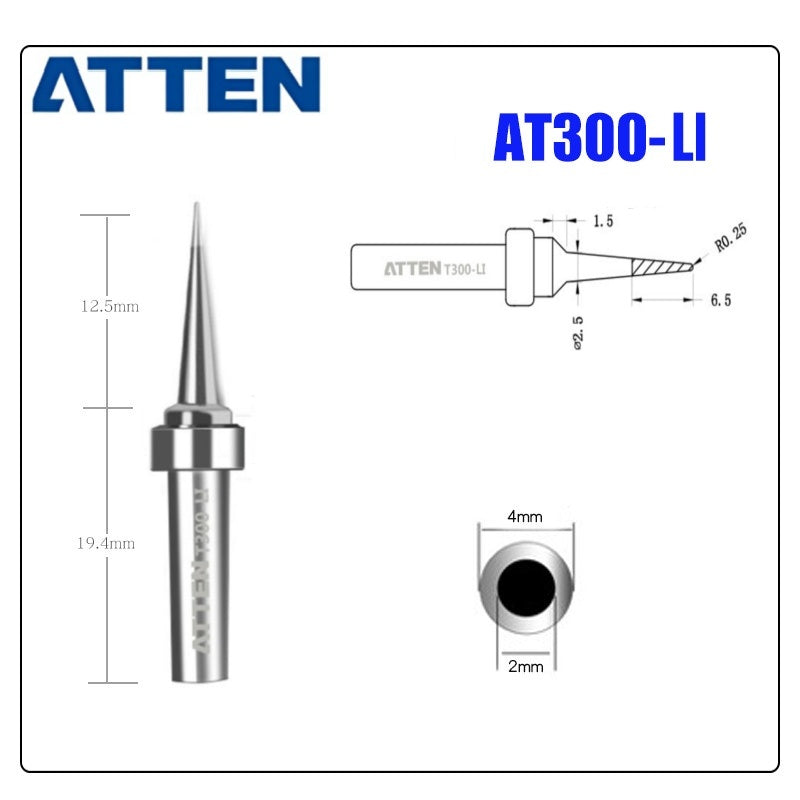 Total length: 35 mm
Outer diameter shaft: 4 mm
Inner diameter shaft: 2 mm
Other T300 Series Models: T300-B, K,SK, &nbsp;I, IS, LI, H, RT, 1C, 2C, 3C, 4C,
T300-0,8D, 1,2D, 1,6D, 2,4D, 3,2D,4,2D
Compatible with AT306H AT306DH ST3090, 203H/203/204/204H
503/504 (90W) series Soldering Station.