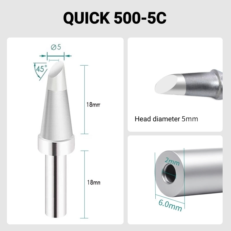Total length: 40.4mm
Head diameter: 5.0mm
Inner diameter: 2.0mm
Outer diameter: 6.0mm
Compatible for: QUICK 205, 205H＋, 2300, 3205, 376D-150 Soldering Station.
Other QUICK 500 Models: 500-B-01, 500-2B, 500-4DK, 500-3.5D, 500-5D, 500-6D, 500-8D, 500-2C, 500-3C, 500-4C, 500-6C, 500-8C, 500-B, 500-K, 500-SK, 500-2.5D, 500-4.2D.
If you need any other model products, please kindly contact us.