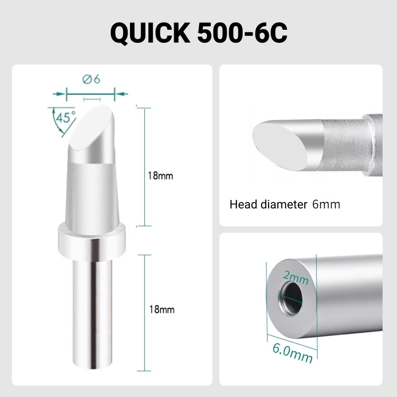 Total length: 40.0mm
Head diameter: 6.0mm
Inner diameter: 2.0mm
Outer diameter: 6.0mm
Compatible for: QUICK 205, 205H＋, 2300, 3205, 376D-150 Soldering Station.
Other QUICK 500 Models: 500-B-01, 500-2B, 500-4DK, 500-3.5D, 500-5D, 500-6D, 500-8D, 500-2C, 500-3C, 500-4C, 500-5C, 500-8C, 500-B, 500-K, 500-SK, 500-2.5D, 500-4.2D.
If you need any other model products, please kindly contact us.