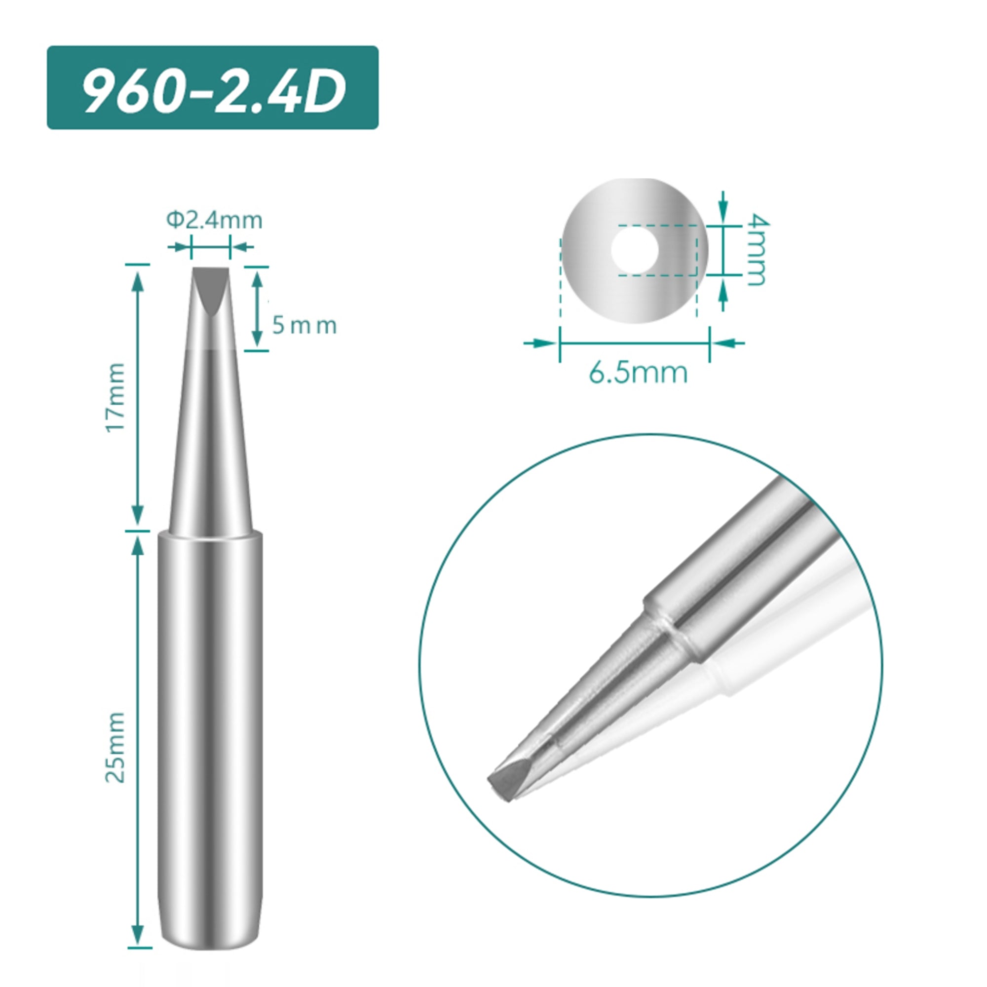 Shape: Chisel Tip, 2.4 X 17MM.
Total length: 42mm
Inner diameter: 4.0mm
Outer diameter: 6.5mm
Compatible for: QUICK TS1100/236/936/936A/936C/967/969/969A/375A+/375B+/3104/707/708/709&nbsp;Soldering Station.
Other QUICK 960 Tips Model: 960-B, 960-2B, 960-0.8C, 960-1C, 960-2C, 960-3C, 960-4C, 960-0.8D, 960-1.2D, 960-1.6D, 960-3.2D, 960-I, 960-J, 960-LB, 960-LI, 960-K, 960-SK.


If you need any other model products, please kindly contact us.