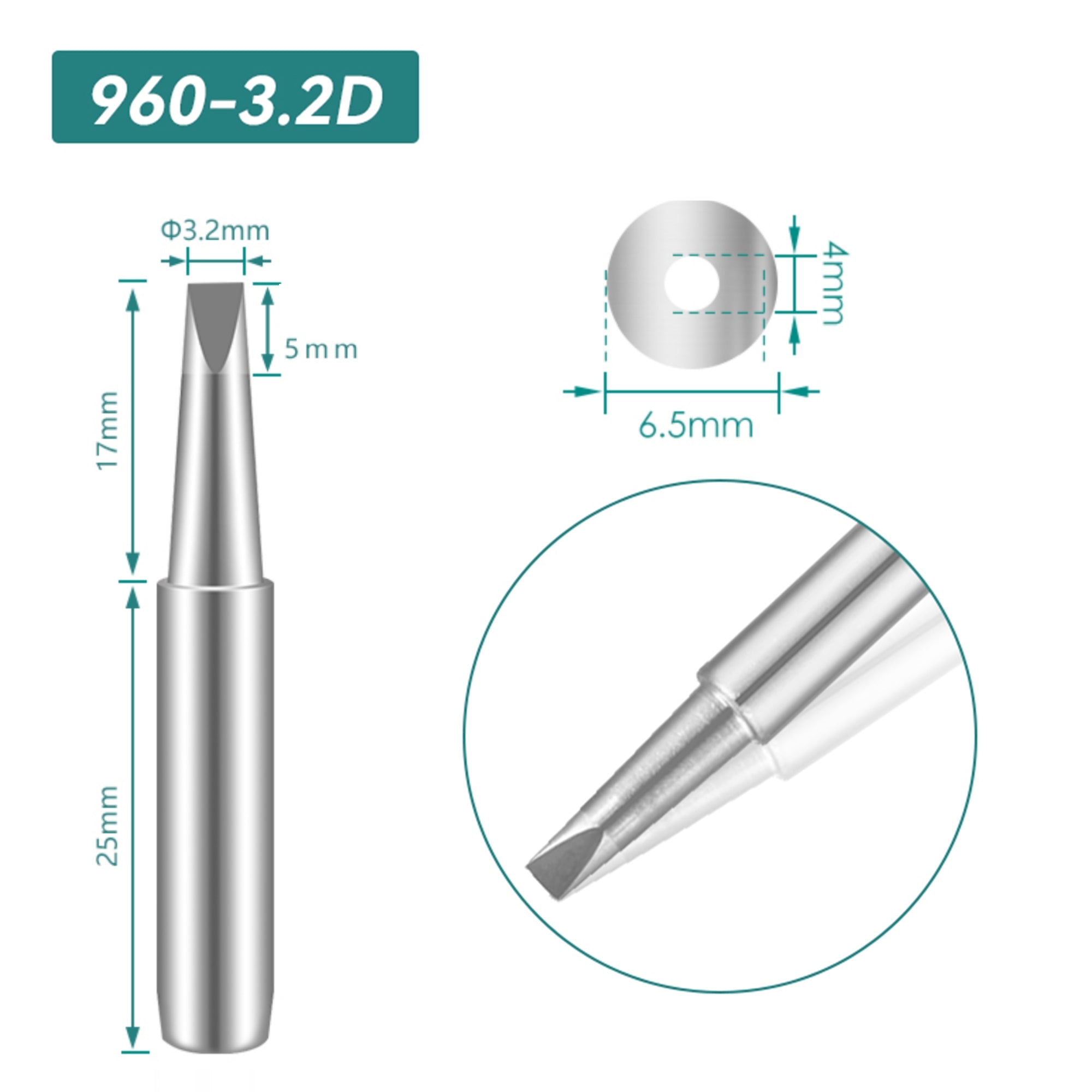 Shape: Chisel Tip, 3.2 X 17MM.
Total length: 42mm
Inner diameter: 4.0mm
Outer diameter: 6.5mm
Compatible for: QUICK TS1100/236/936/936A/936C/967/969/969A/375A+/375B+/3104/707/708/709&nbsp;Soldering Station.
Other QUICK 960 Tips Model: 960-B, 960-2B, 960-0.8C, 960-1C, 960-2C, 960-3C, 960-4C, 960-0.8D, 960-1.2D, 960-1.6D, 960-2.4D, 960-I, 960-J, 960-LB, 960-LI, 960-K, 960-SK.


If you need any other model products, please kindly contact us.