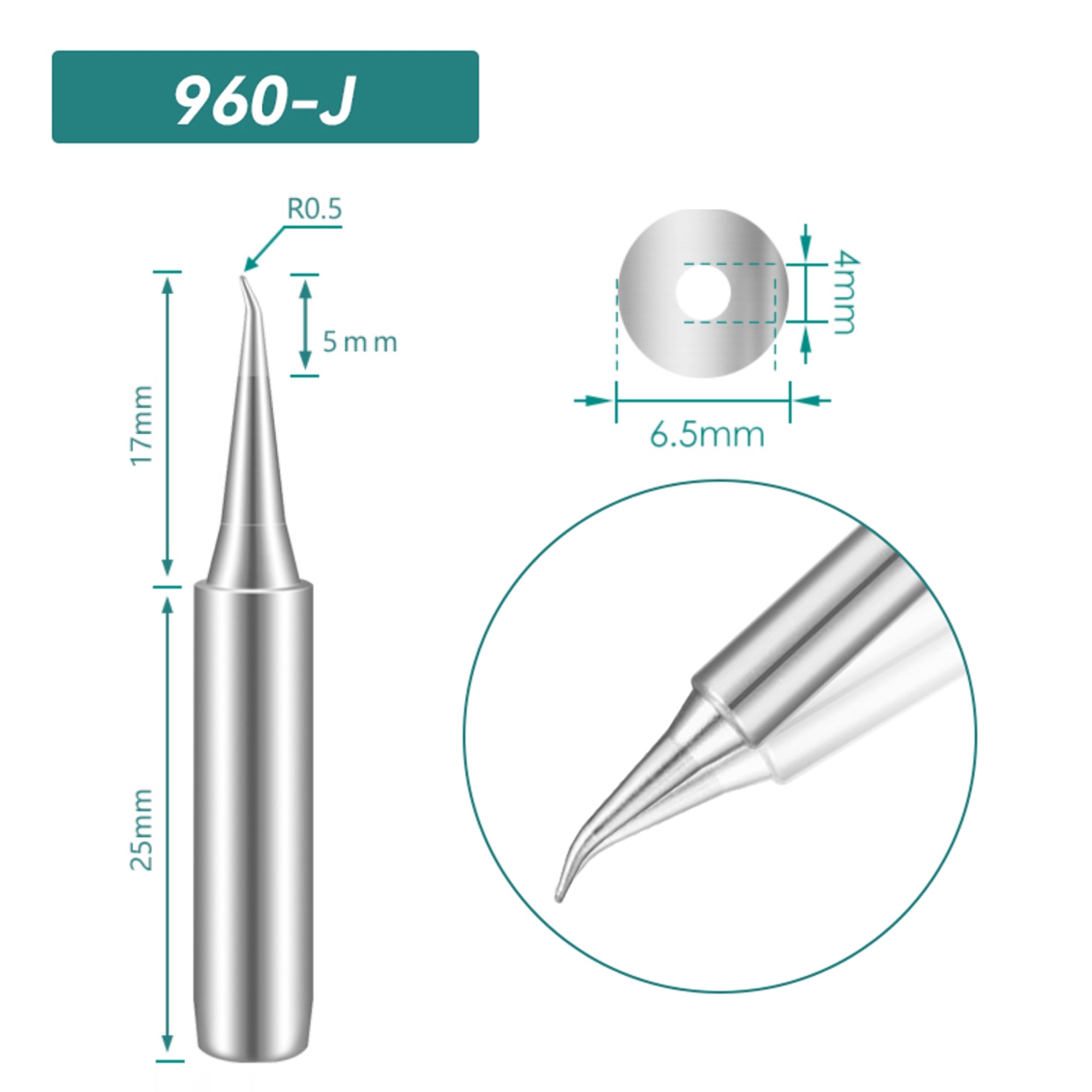 Shape: Bent Conical Tip, R0.5 X 17MM.
Total length: 42mm
Inner diameter: 4.0mm
Outer diameter: 6.5mm
Compatible for: QUICK TS1100/236/936/936A/936C/967/969/969A/375A+/375B+/3104/707/708/709&nbsp;Soldering Station.
Other QUICK 960 Tips Model: 960-B, 960-2B, 960-0.8C, 960-1C, 960-2C, 960-3C, 960-4C, 960-0.8D, 960-1.2D, 960-1.6D, 960-2.4D, 960-3.2D, 960-I, 960-LB, 960-LI, 960-K, 960-SK.


If you need any other model products, please kindly contact us.