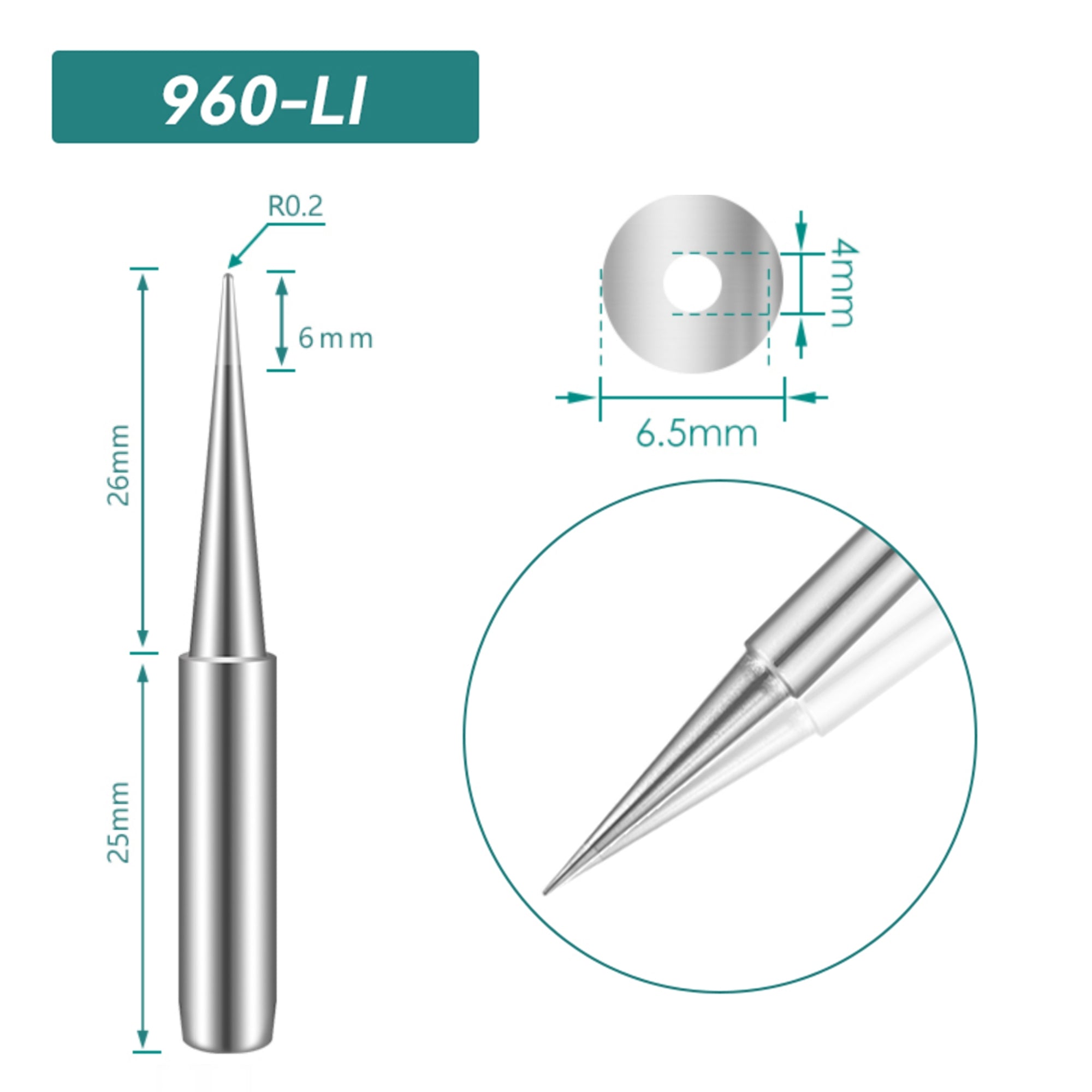 Shape: Conical Tip, R0.2 X 26MM.
Total length: 51mm
Inner diameter: 4.0mm
Outer diameter: 6.5mm
Compatible for: QUICK TS1100/236/936/936A/936C/967/969/969A/375A+/375B+/3104/707/708/709&nbsp;Soldering Station.
Other QUICK 960 Tips Model: 960-B, 960-2B, 960-0.8C, 960-1C, 960-2C, 960-3C, 960-4C, 960-0.8D, 960-1.2D, 960-1.6D, 960-2.4D, 960-3.2D, 960-I, 960-J, 960-LB, 960-K, 960-SK.


If you need any other model products, please kindly contact us.