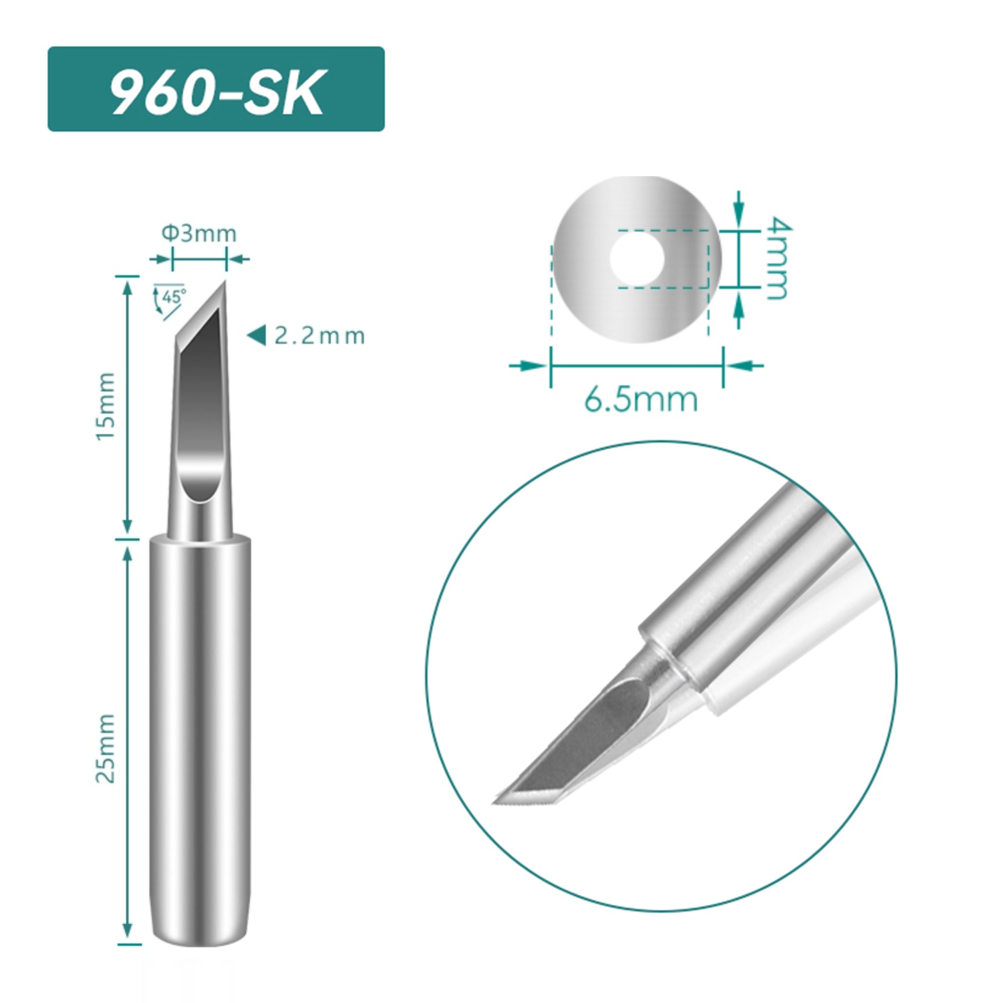Shape: Knife Tip, 3.0MM/45DEG X 15MM.
Total length: 40mm
Inner diameter: 4.0mm
Outer diameter: 6.5mm
Compatible for: QUICK TS1100/236/936/936A/936C/967/969/969A/375A+/375B+/3104/707/708/709&nbsp;Soldering Station.
Other QUICK 960 Tips Model: 960-B, 960-2B, 960-0.8C, 960-1C, 960-2C, 960-3C, 960-4C, 960-0.8D, 960-1.2D, 960-1.6D, 960-2.4D, 960-3.2D, 960-I, 960-J, 960-LB, 960-LI, 960-K.


If you need any other model products, please kindly contact us.