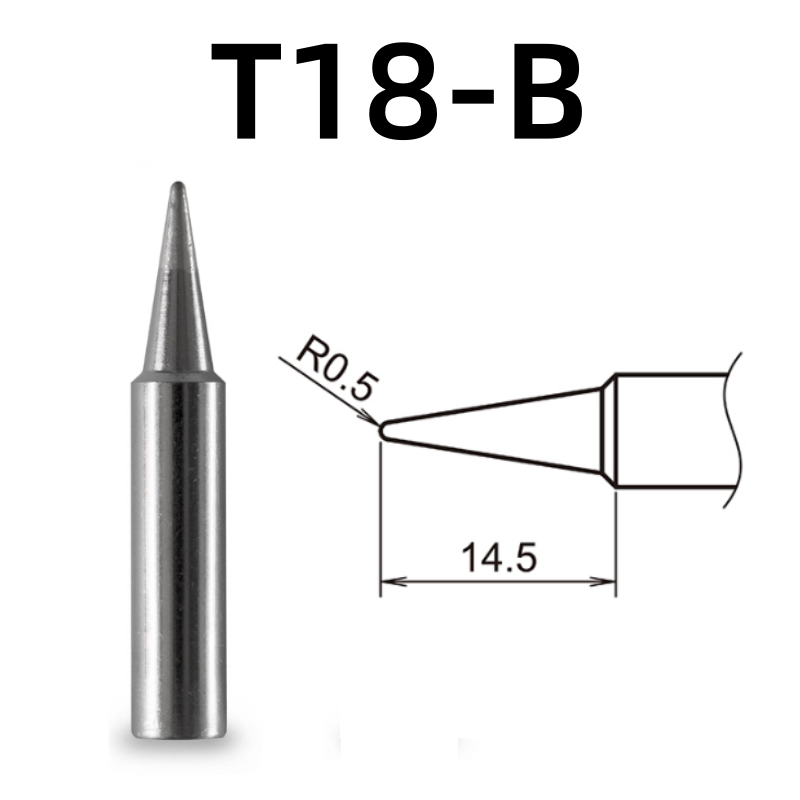 Shape: Conical Tip, R0.5 X 14.5MM.
Applicable models: FX-888D, FX-600, FX-888, FX-889, FX-701, FX-702 soldering station.

It is compatible with FX-8801, FX-8802, FX-8803 soldering handle.
Other models: T18-C4, T18-CF4, T18-S6, T18-DL12, T18-S9, T18-DL32, T18-DL2, T18-C08, T18-D08, T18-C5, T18-SB, T18-C05, T18-S3, T18-S4, T18-CSF25, T18-D32, T18-BL, T18-D24, T18-BR02, T18-D16, T18-C3, T18-I, T18-K.

If you need any other model products, please kindly contact us.&nbsp;