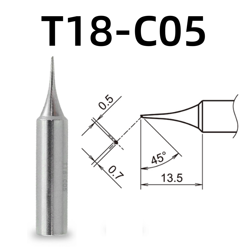 Shape: 0.5C Bevel Tip, 0.5MM/45DEG X 13.5MM.

Applicable models: FX-888D, FX-600, FX-888, FX-889, FX-701, FX-702 soldering station.

It is compatible with FX-8801, FX-8802, FX-8803 soldering handle.
Other models: T18-C4, T18-CF4, T18-S6, T18-DL12, T18-S9, T18-DL32, T18-DL2, T18-C08, T18-D08, T18-C5, T18-SB, T18-S3, T18-S4, T18-CSF25, T18-D32, T18-BL, T18-D24, T18-BR02, T18-D16, T18-C3, T18-I, T18-B, T18-K.

If you need any other model products, please kindly contact us.