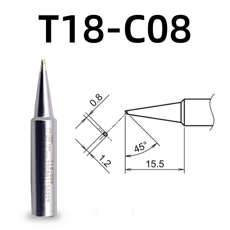 Shape: 0.8MM/45DEG X 15.5MM, 0.8C Bevel Tip.

Applicable models: FX-888D, FX-600, FX-888, FX-889, FX-701, FX-702 soldering station.

It is compatible with FX-8801, FX-8802, FX-8803 soldering handle.
Other models: T18-C4, T18-CF4, T18-S6, T18-DL12, T18-S9, T18-DL32, T18-DL2, T18-D08, T18-C5, T18-SB, T18-C05, T18-S3, T18-S4, T18-CSF25, T18-D32, T18-BL, T18-D24, T18-BR02, T18-D16, T18-C3, T18-I, T18-B, T18-K.

If you need any other model products, please kindly contact us.