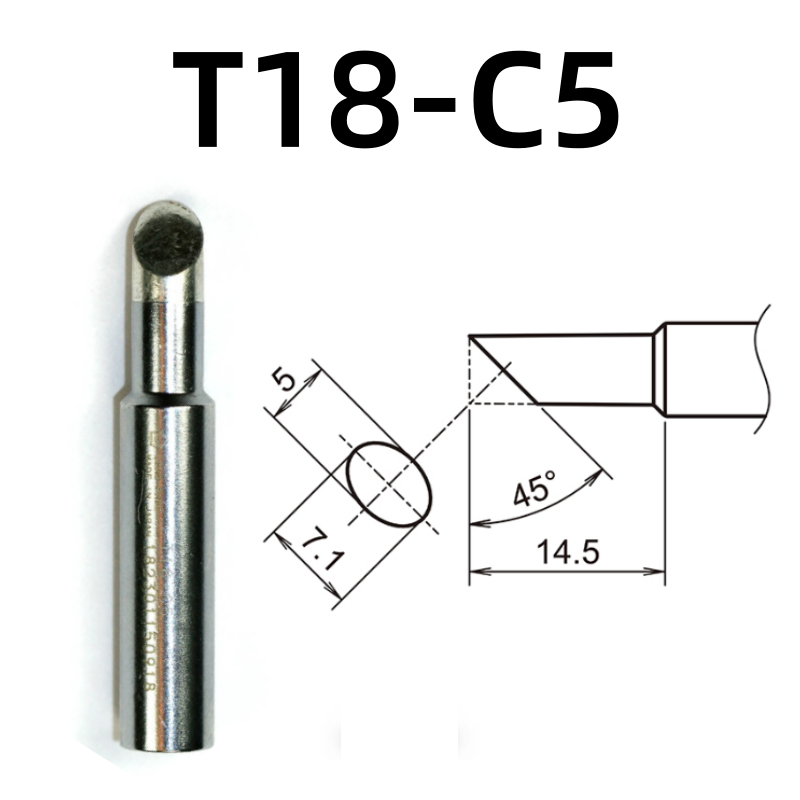 Shape: 5C Bevel Tip, 5MM/45DEG X 14.5MM.

Applicable models: FX-888D, FX-600, FX-888, FX-889, FX-701, FX-702 soldering station.

It is compatible with FX-8801, FX-8802, FX-8803 soldering handle.
Other models: T18-C4, T18-CF4, T18-S6, T18-DL12, T18-S9, T18-DL32, T18-DL2, T18-C08, T18-D08, T18-SB, T18-C05, T18-S3, T18-S4, T18-CSF25, T18-D32, T18-BL, T18-D24, T18-BR02, T18-D16, T18-C3, T18-I, T18-B, T18-K.

If you need any other model products, please kindly contact us.