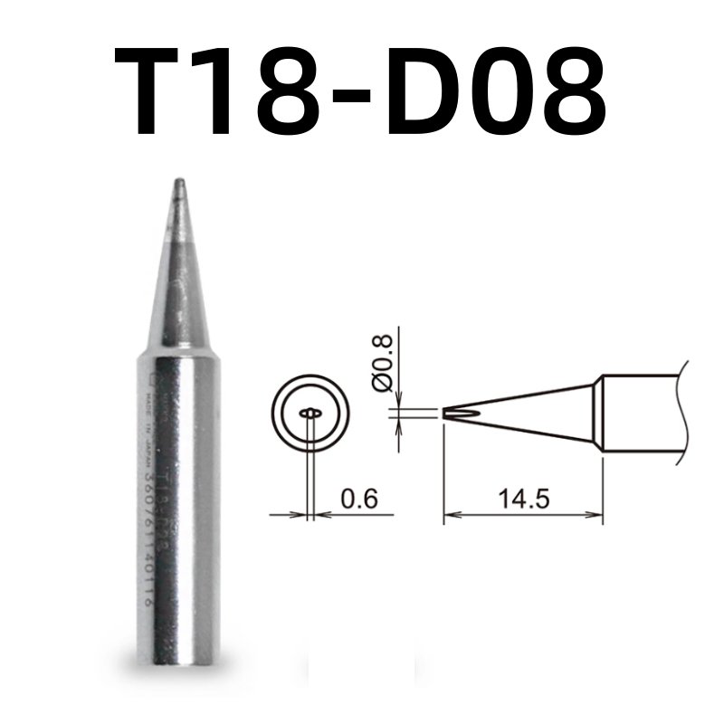 Shape: 0.8 X 14.5MM, 0.8D&nbsp;Chisel Tip.

Applicable models: FX-888D, FX-600, FX-888, FX-889, FX-701, FX-702 soldering station.

It is compatible with FX-8801, FX-8802, FX-8803 soldering handle.
Other models:T18-C4, T18-CF4, T18-S6, T18-DL12, T18-S9, T18-DL32, T18-DL2, T18-C08, T18-C5, T18-SB, T18-C05, T18-S3, T18-S4, T18-CSF25, T18-D32, T18-BL, T18-D24, T18-BR02, T18-D16, T18-C3, T18-I, T18-B, T18-K.

If you need any other model products, please kindly contact us.