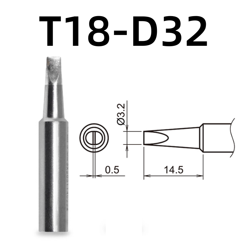 Shape: Chisel Tip, 3.2 X 14.5MM.

Applicable models: FX-888D, FX-600, FX-888, FX-889, FX-701, FX-702 soldering station.

It is compatible with FX-8801, FX-8802, FX-8803 soldering handle.
Other models: T18-C4, T18-CF4, T18-S6, T18-DL12, T18-S9, T18-DL32, T18-DL2, T18-C08, T18-D08, T18-C5, T18-SB, T18-C05, T18-S3, T18-S4, T18-CSF25, T18-BL, T18-D24, T18-BR02, T18-D16, T18-C3, T18-I, T18-B, T18-K.