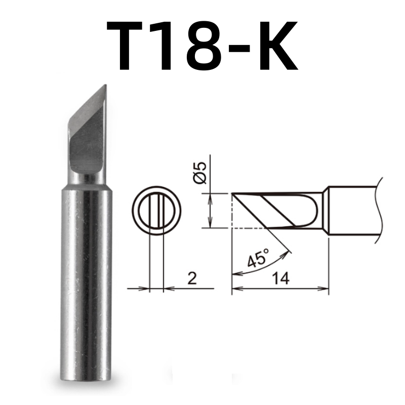 Shape: Knife Tip, 5MM/45DEG X 14MM.
Applicable models: FX-888D, FX-600, FX-888, FX-889, FX-701, FX-702 soldering station.

It is compatible with FX-8801, FX-8802, FX-8803 soldering handle.
Other models: T18-C4, T18-CF4, T18-S6, T18-DL12, T18-S9, T18-DL32, T18-DL2, T18-C08, T18-D08, T18-C5, T18-SB, T18-C05, T18-S3, T18-S4, T18-CSF25, T18-D32, T18-BL, T18-D24, T18-BR02, T18-D16, T18-C3, T18-I, T18-B.

If you need any other model products, please kindly contact us.&nbsp;