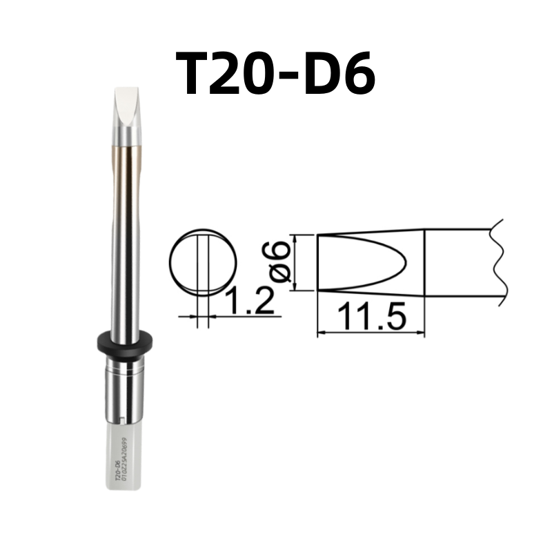 Shape: 6D Chisel Tip, 6 X 11.5MM.
Applicable models: Hakko FX-838, FX-8301 soldering station.

Other models: T20-K, T20-KU, T20-D16, T20-D24, T20-D32, T20-J02, T20-B2, T20-BL, T20-BC2, T20-BCF2, T20-BC3, T20-BCF3, T20-BC4, T20-BCF4, T20-BL2, T20-BL3, T20-C5, T20-C6.

If you need any other model products, please kindly contact us.&nbsp;